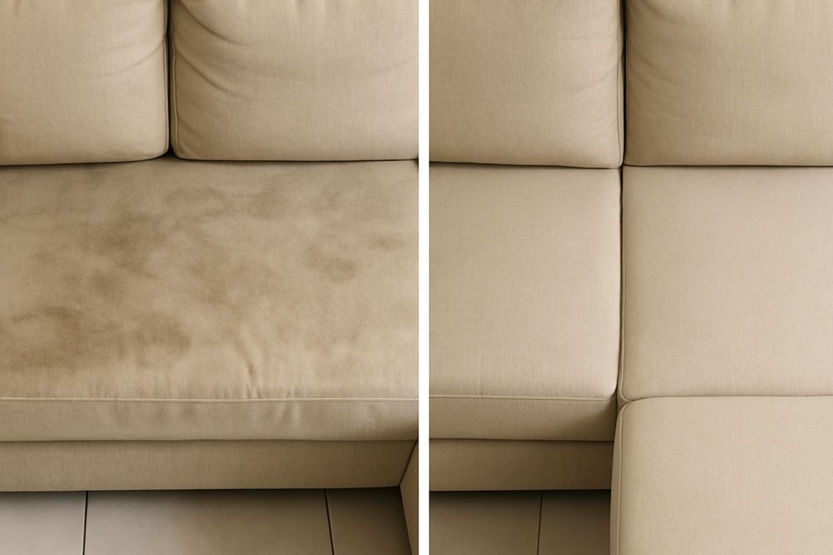Nettoyage canapé en tissu beige taché – Avant/Après intervention à domicile à Arpajon (Essonne) par Captain Cleaner