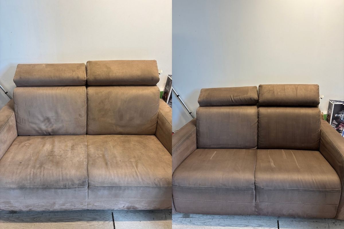 Nettoyage canapé en tissu marron taché – Avant/Après intervention à domicile à Évry (Essonne) par Captain Cleaner