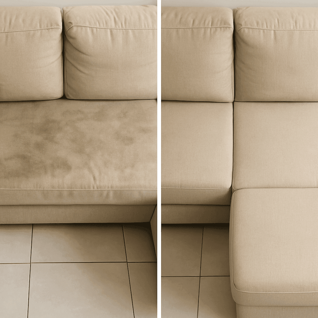 Canapé beige avant et après nettoyage en profondeur avec injecteur-extracteur