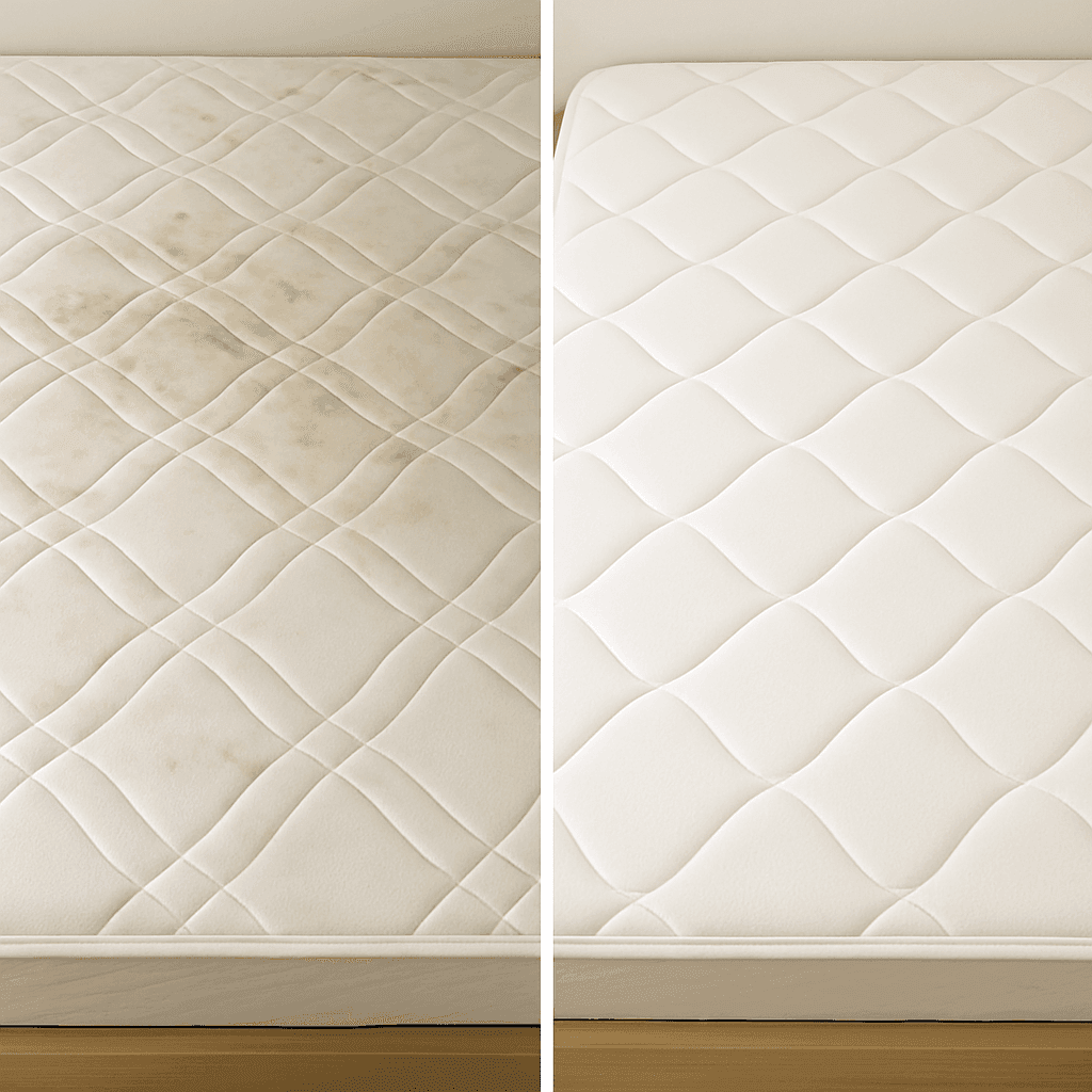 Matelas taché puis nettoyé avec matériel professionnel, résultat visible immédiat